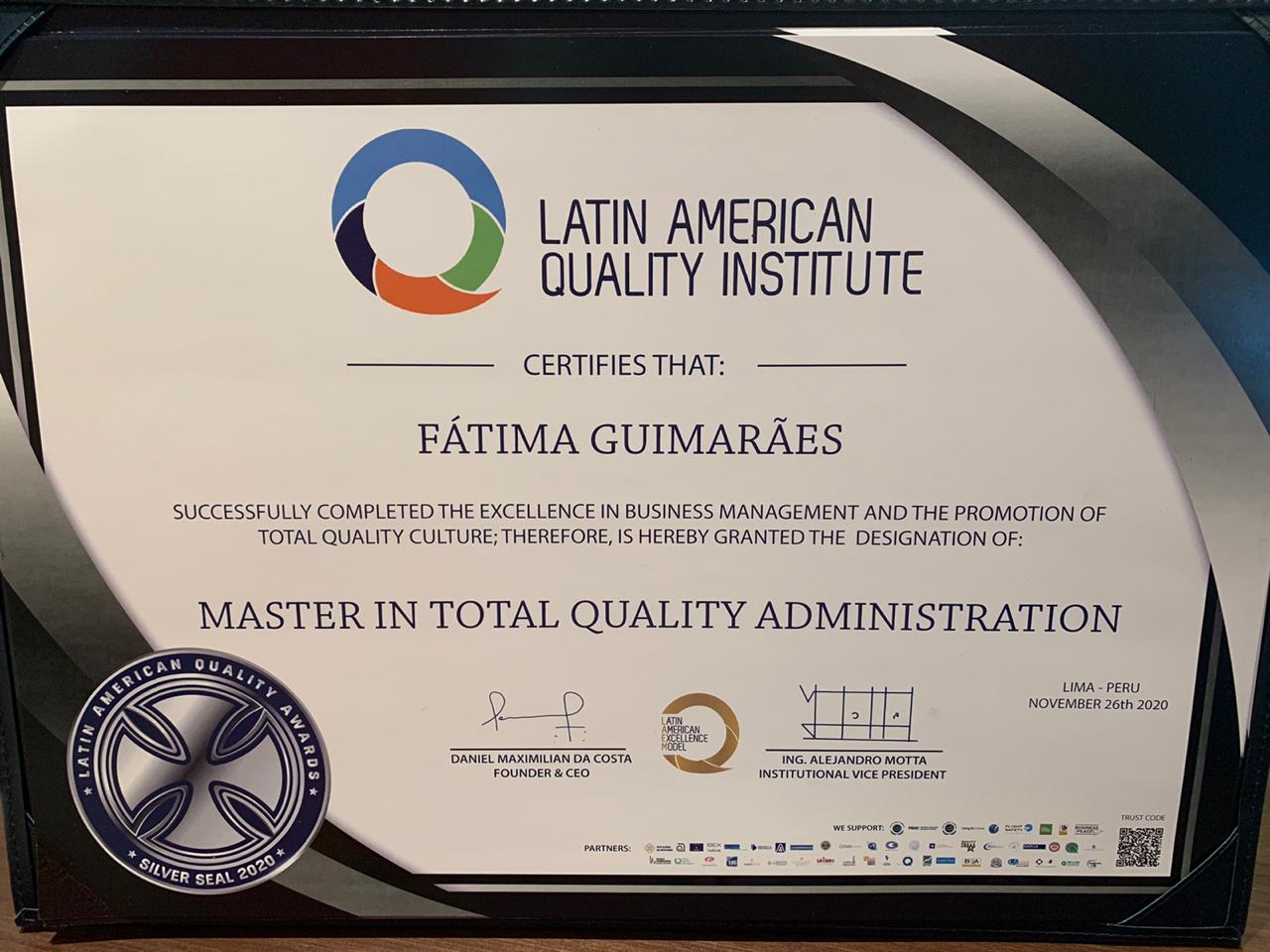 Foto Prêmio Master in Total Quality Administration 2020